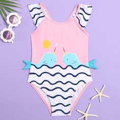 с оборками Мультяшный принт милый Купальники для девочек Shein
