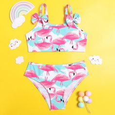 с бантом Фламинго Бохо Купальники для девочек Shein