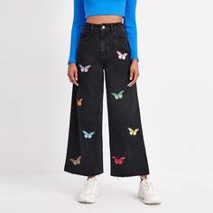 Широкие джинсы с вышивкой бабочки и высокой талией Shein