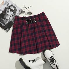 Плиссированная юбка в клетку на шнуровке Shein