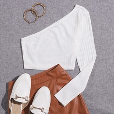 Трикотажная короткая футболка на одно плечо Shein