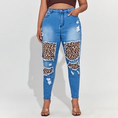Рваные джинсы-скинни размера плюс с леопардовым принтом и карманом Shein