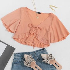 С батом перед Одноцветный Бохо Женские топы Shein
