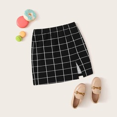 Юбка в клетку с разрезом для девочек Shein