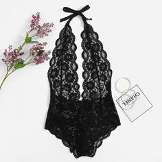 Черное Кружевное Боди Тедди На Завязке Shein