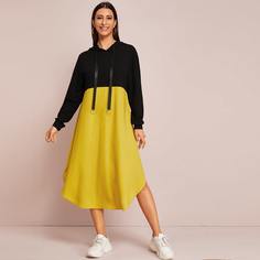 Двухцветное платье с капюшоном и разрезом Shein