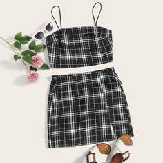 Юбка с разрезом и короткая майка размера плюс в клетку Shein