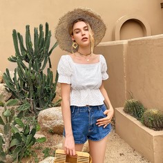 Белый Низ-оборка Одноцветный Бохо Блузы Shein