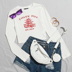 Трикотажная футболка с текстовым принтом Shein