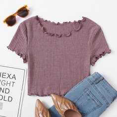 Волнистый край Одноцветный Повседневный Футболки Shein