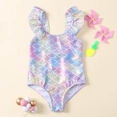 Слитный купальник с чешуевидным принтом для девочек Shein