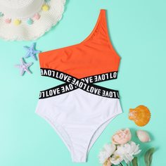 Двухцветный слитный купальник с разрезом для девочек Shein