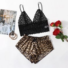 Атласный комплект кружевного нижнего белья с леопардовым принтом Shein