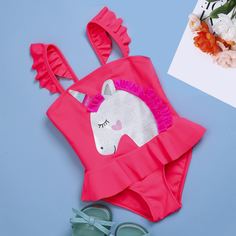 Слитный купальник с принтом единорога для девочек Shein