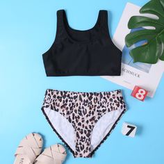 Леопардовый Повседневный Купальники для девочек Shein