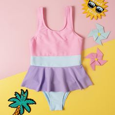 Контрастный слитный купальник для девочек Shein