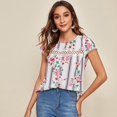 Цветочный полосатый топ с кружевной вставкой Shein