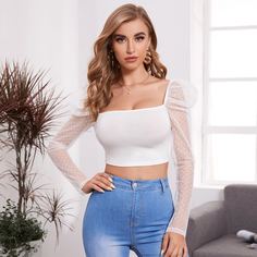 Кроп топ с сетчатым рукавом Shein