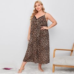 Пижама большого размера с леопардовым принтом и кружевной отделкой Shein
