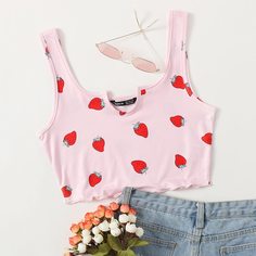 Жилет с отделкой салатом и воротником с клубничным узором Shein