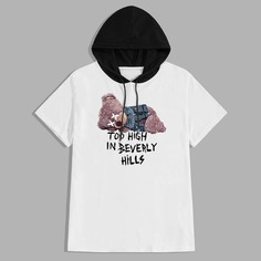 Мужская футболка с капюшоном со слоганом и мультяшным рисунком Shein