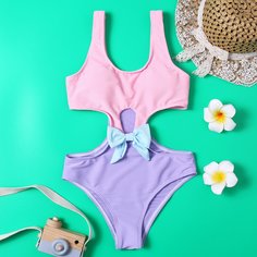 Контрастный слитный купальник с бантом для девочек Shein