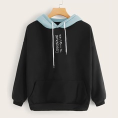 Контрастный свитшот с капюшоном и вышивкой Shein