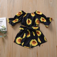 Черный с поясом Со цветочками Бохо Комбинезоны для девочек Shein