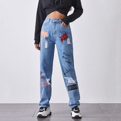 Рваные джинсы с текстовым принтом Shein