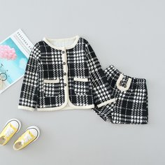 Твидовые шорты и куртка в клетку с двумя карманами для девочек Shein
