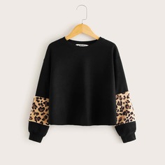Пуловер с леопардовой вставокй для девочек Shein