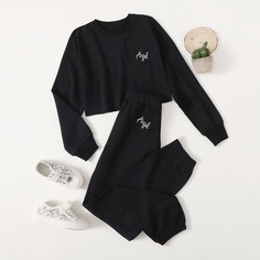 Короткий пуловер и спортивные брюки с вышивкой для девочек Shein