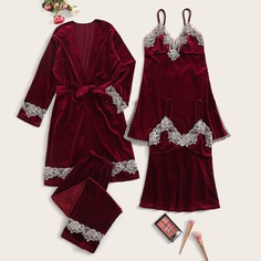Бархатный халат с кружевом и поясом 4шт Shein