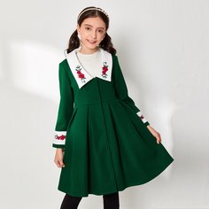 Пальто с контрастным воротником и цветочной вышивкой для девочек Shein