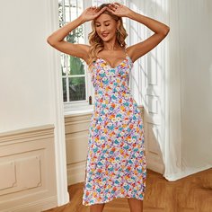 Высокий разрез Цветочный принт Бохо Платье Shein