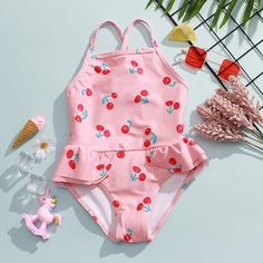 Слитный купальник с принтом вишни для девочек Shein