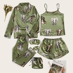 Атласная пижама с принтом "слон" 7шт Shein