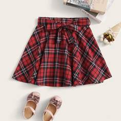 Юбка в клетку с поясом для девочек Shein
