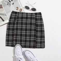 Юбка в клетку размера плюс с разрезами Shein