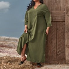 Карман Одноцветный Повседневный Платья размер плюс Shein