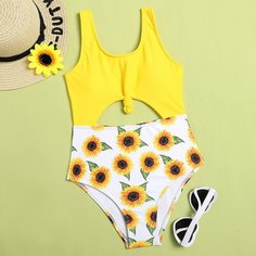 Слитный купальник с принтом подсолнуха для девочек Shein