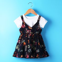 Платье с цветочным принтом и однотонная футболка для девочек Shein
