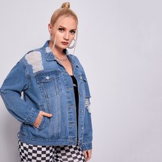 с карманами Одноцветный Повседневный Джинсовая куртка размера плюс Shein