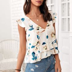 с оборками Цветочный Бохо Блузы Shein