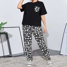 Топ с карманом и брюки с принтом кошки размера плюс Shein