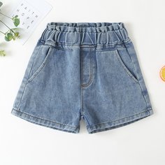 Оборка Одноцветный Джинсовые шорты для девочек Shein