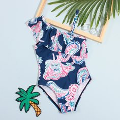 Слитный купальник с цветочным принтом для девочек Shein