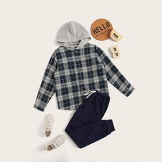Спортивные брюки и рубашка в клетку с капюшоном для мальчиков Shein