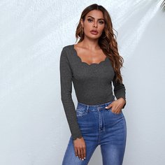 Трикотажная футболка с фестончатым краем Shein