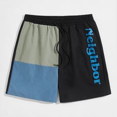 Мужские контрастные шорты на кулиске с текстовым принтом Shein